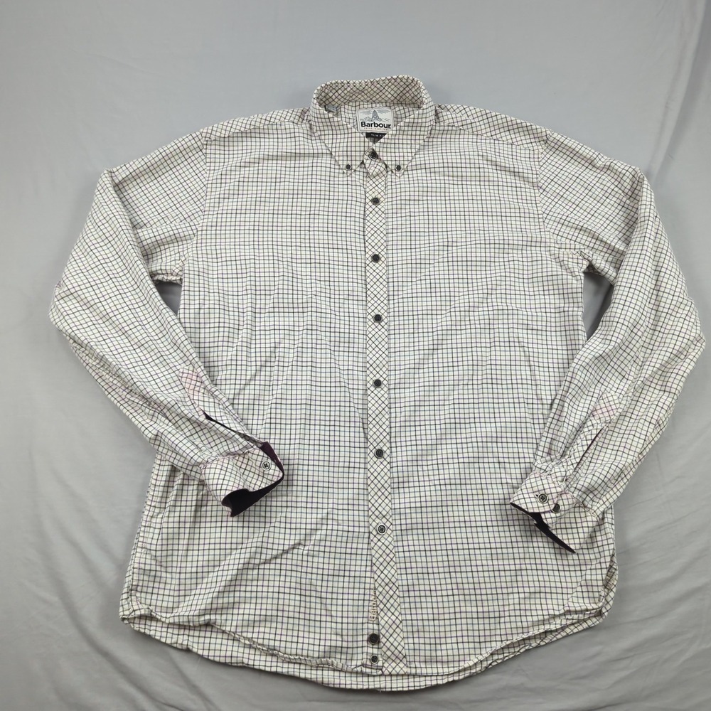 Barbour Shirt Mens Extra Large Cream Plaid Button Up Slim Fit Preppy Casual